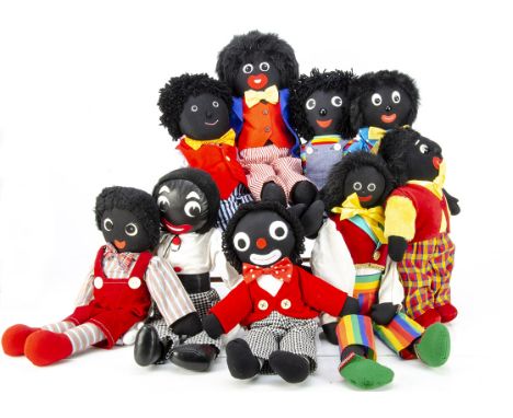 Nine recently manufactured Gollies, all unjointed including a Rosebine Golly in multi-coloured trousers --25in. (63.5cm.) hig