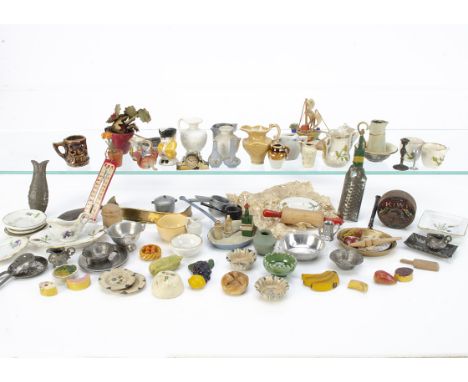 Dolls' house chattels mainly for the kitchen, eight painted wooden bottles of alcohol; white porcelain later painted with flo