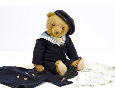 'Fred Bear' the childhood teddy bear of Joan Merritt,  a German 1920s teddy bear with golden mohair, black boot button eyes, 