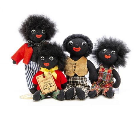 Four small Robin Rive Gollies, limited edition Tiny Tim with card tags --7¼in. (18.5cm.) high; and three others with seam lab