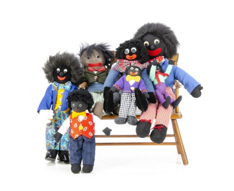 Seven artist or well homemade Gollies, a Gooseberry Bush Bears Golly with seam label --22in. (56cm.) high; a jointed velvet G