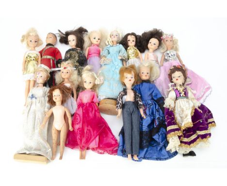 Thirteen Sindy dolls,  two earlier versions, a Patch and the head only of Paul, all redressed (one with painted face and one 