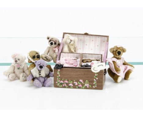 Five miniature artist teddy bears and a rabbit,  a little girl bear in pink dress with trunk of accessories --2¼in.(5.5cm.) h