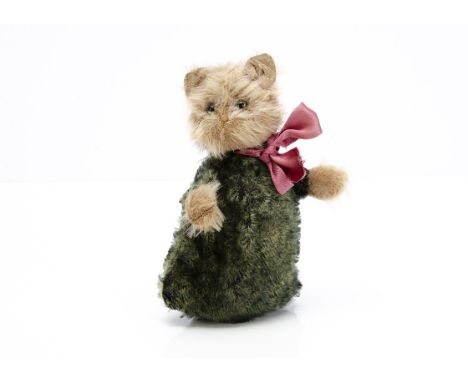 An unusual British toy cat with chimes probably Steevans 1915-1920,  with pink mohair head and hands, crossed facial seams, c