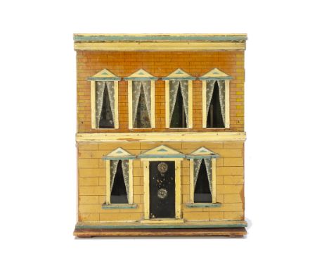 A late 19th century G &amp; J Lines boxed back dolls' house,  with brick and stone paper façade, central front door with bras