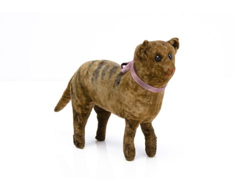 An early German velvet tabby cat 1905-1910,  with black boot button eyes, red stitched nose and mouth, standing with cream ve