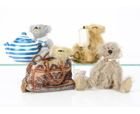 Three Cloth Ears small artist teddy bears,  Earl Grey with teapot --4¾in. (12cm.) high; Snuffer with candlestick; and Gullliv