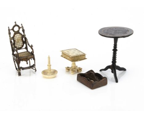 Early dolls' house pieces,  a black painted circular occasional table with gold lining, turned pedestal support with tripod f