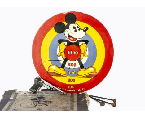 A rare Chad Valley Mickey Mouse Target Game 1930,  colour printed target mounted on card, in original box with gun and three 