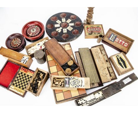 Parlour and adult games, a wooden circular card's counter board --12in. (30.5cm.) high; domino sets, brass and wood cribbage 