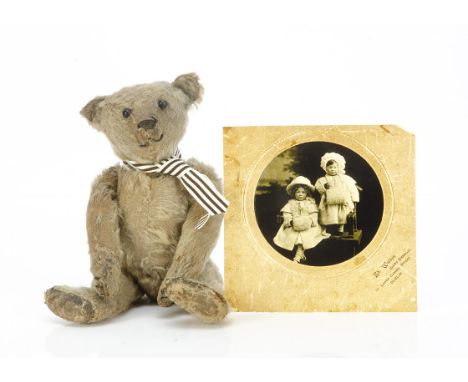 An early Steiff teddy bear with provenance circa 1908,  with blonde mohair, black boot button eyes, pronounced muzzle, black 