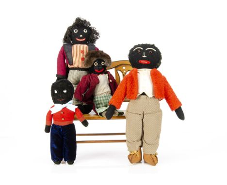 Four home-made Gollies 1930-1940s, a velvet faced Golly with applied features, brown fur hair and corduroy jacket --16in. (40