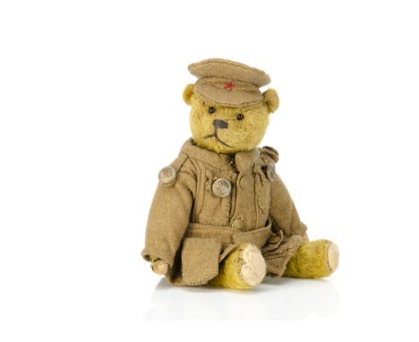 'Johnny' Teddy Bear the childhood toy of Grace Tyler, &nbsp; an early German teddy bear in World War One uniform, with golden