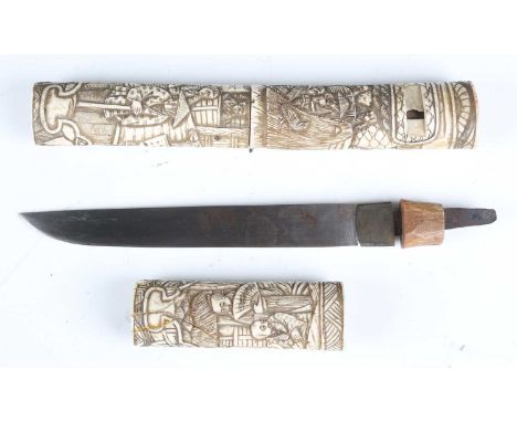 A late 19th century Japanese tanto with straight single-edged blade, blade length 18cm, and carved bone-mounted grip, detaile