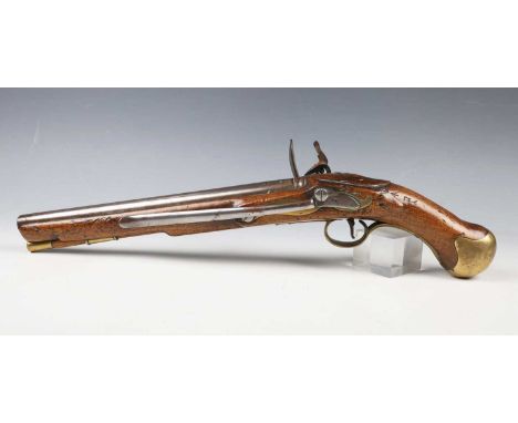 A George III British military sea service flintlock pistol with round barrel, barrel length 30.5cm, and line-engraved lock, m