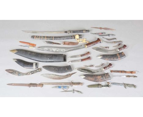 A collection of edged weapons, including a Bundeswehr MI211 military combat knife with single-edged blade, blade length 14cm,