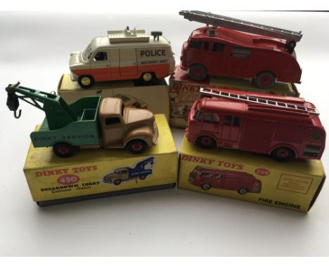 4 Boxed Dinky vehicles, #955 Fire Engine with extending ladder,#287 Police Accident unit, #430 Breakdown Lorry, #259 Fire Eng
