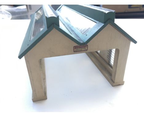 A 1939 wooden Hornby-Dublo 00 gauge engine shed.