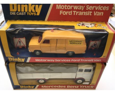 A Dinky Mercedes Benz truck #940 and a Motorway Services Ford Transit van #417