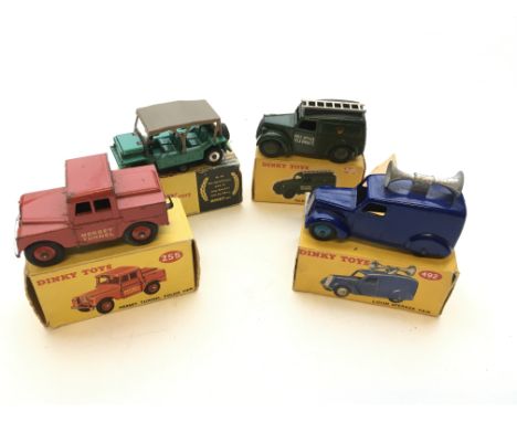 A Dinky Mersey Tunnel Police van #255, a Austin Mini-Moke # 342, a Telephone service van #261 and a Loud speaker van #492 all
