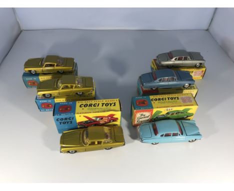 A set of six Corgi Toys model cars. Three Ghia L64 with Chrysler engine #241 &amp; three Jaguar Mark X #238