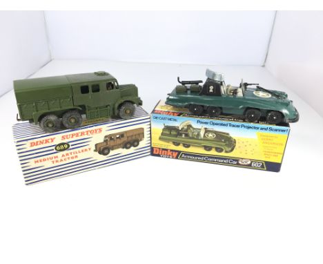 A Dinky Medium artillery tractor #689 and a armoured command car # 602 both boxed.