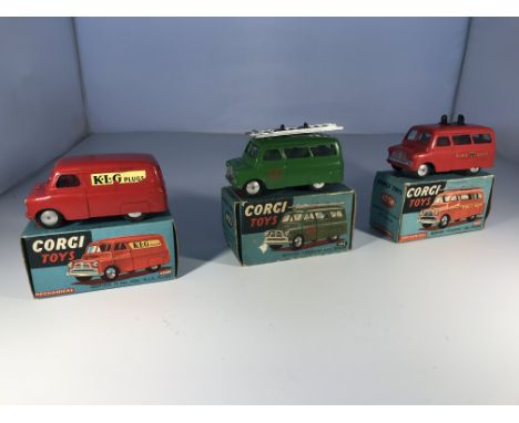 A selection of Corgi Toys model vans. A Bedford 12 cwt. van "KLG plugs" #403M, a Bedford "Utilecon" AFS tender #405 &amp; a B