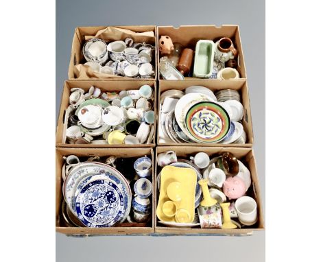 A pallet of six boxes of ceramics, vintage soda siphon, stoneware bottle etc 