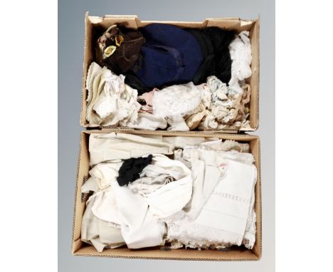Two boxes of vintage lady's hats, lace and gloves 