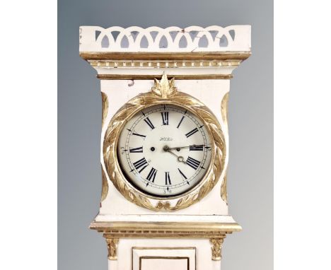 A Scandinavian painted longcase clock, pendulum and key 