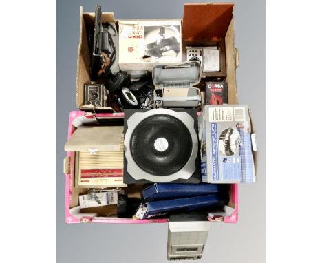 Two boxes of vintage and later electricals, cameras, cased radio, trust sub woofer, UFO air ship etc 