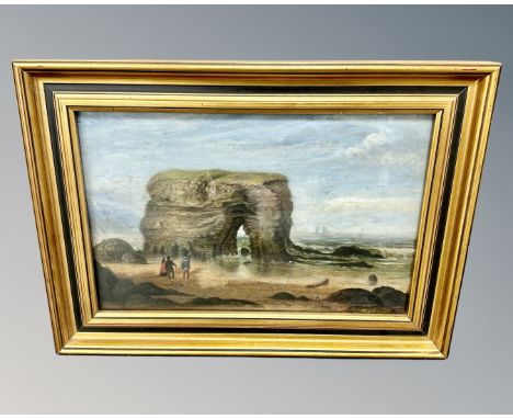Nineteenth century School :  Figures admiring Marsden rock, oil on board, indistinctly signed, dated 1870, 44 cm x 28 cm.