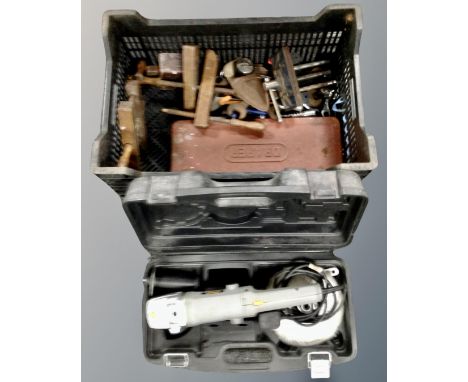 A box of bench vice, vintage woodworking tools, cased Nutool grinder etc 