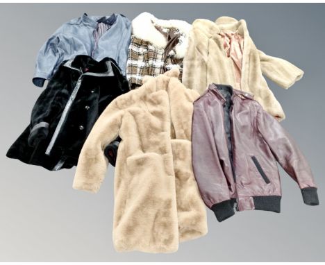 Two boxes of vintage and later coats, Next, faux fur and leather examples 