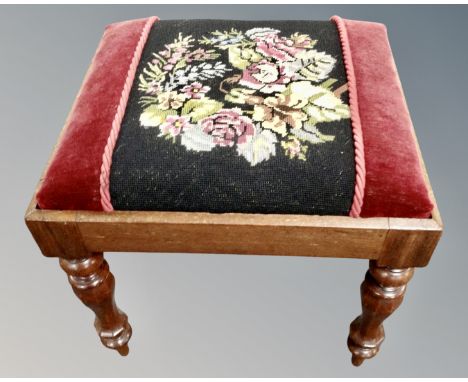 A 19th century mahogany dressing table stool in tapestry fabric 