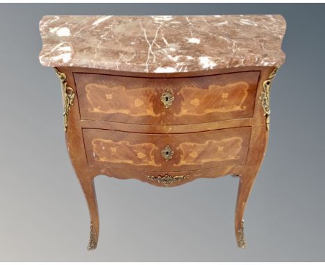 A French Louis XV style two drawer marble topped commode chest with ormolu mounts 