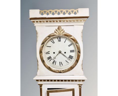 A Scandinavian painted longcase clock with pendulum and key 