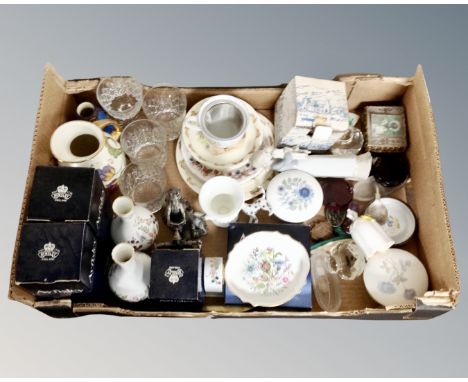 A box of cabinet china and glass ware, Aynsley vases, dish and mantel clock, Wedgwood dishes, Spanish figure, Royal Doulton B