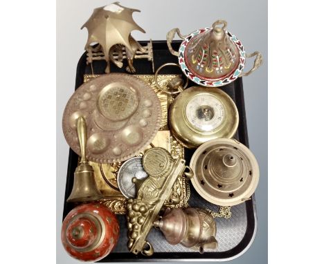 A tray of brass ware, ornaments, key racks, letter rack, barometer etc 
