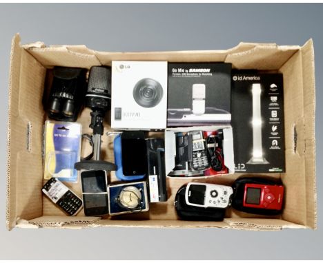 A box of Pro-Sound microphone, mobile telephones, Kodak waterproof cameras, 16GB iPod, field glasses, vintage volt meter etc 