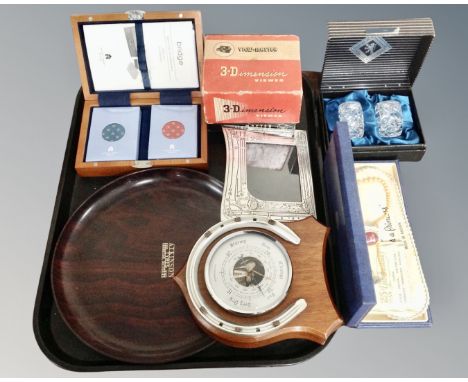 A tray of Bakelite advertising tray, horseshoe barometer, boxed Edinburgh crystal napkin rings, 3-D View-Master viewer 