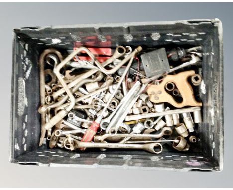 A crate of tools, socket sets, hand saws, ring spanners etc 