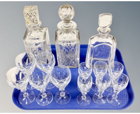 A tray of glass ware, lead crystal decanters, Swedish Orrefors decanter, glasses 
