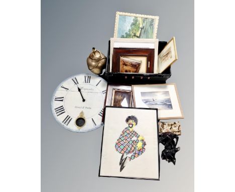 A box of Edwardian and later framed pictures, two carved hardwood elephants, French style wall clock, brass table lamp 