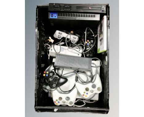 A box of Xbox 360 with game, lead and controller, PS2 console 