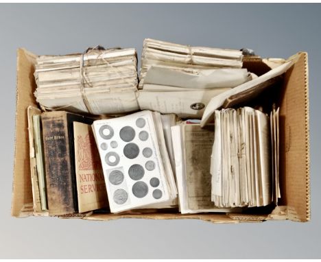 A box of unbound proceedings of the antiquities society, leather bound bible, national service book, Ford manual etc 