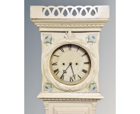 A Scandinavian painted longcase clock, pendulum and key 