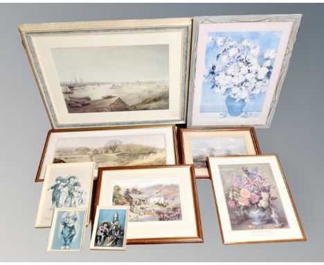 Eight pictures including Judy Boyes signed print, Alan Ingham farming print, mid 20th century prints etc 