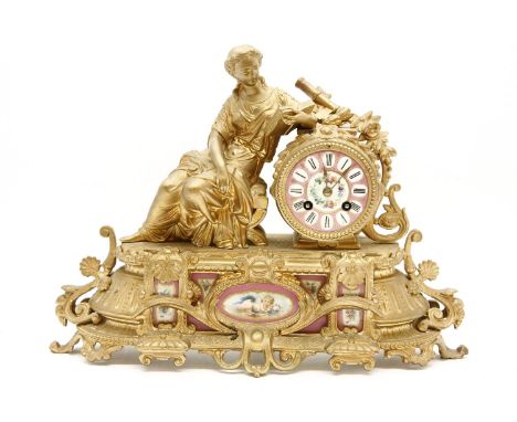 A 19th century French spelter mantle clock, 32cm high