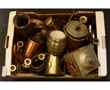 A quantity of various metal wares, to include and oak and silver mounted biscuit barrel, brass candle sticks, and an old bras